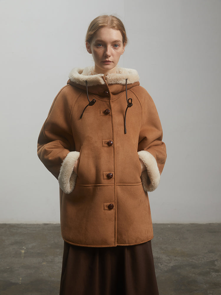 Fireladyfur "Danish Winter" Shearling Coat | Short & Hooded Suede Style"Danish Winter"