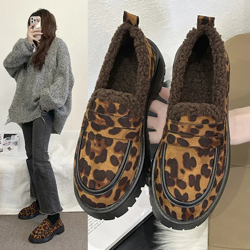 Fleece Lined Loafers Leopard Print British Style For Women