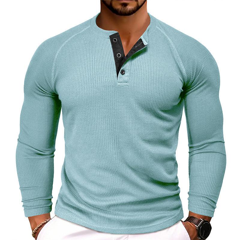 Men's Round Neck Waffle Casual Buttoned Long Sleeve T-Shirt