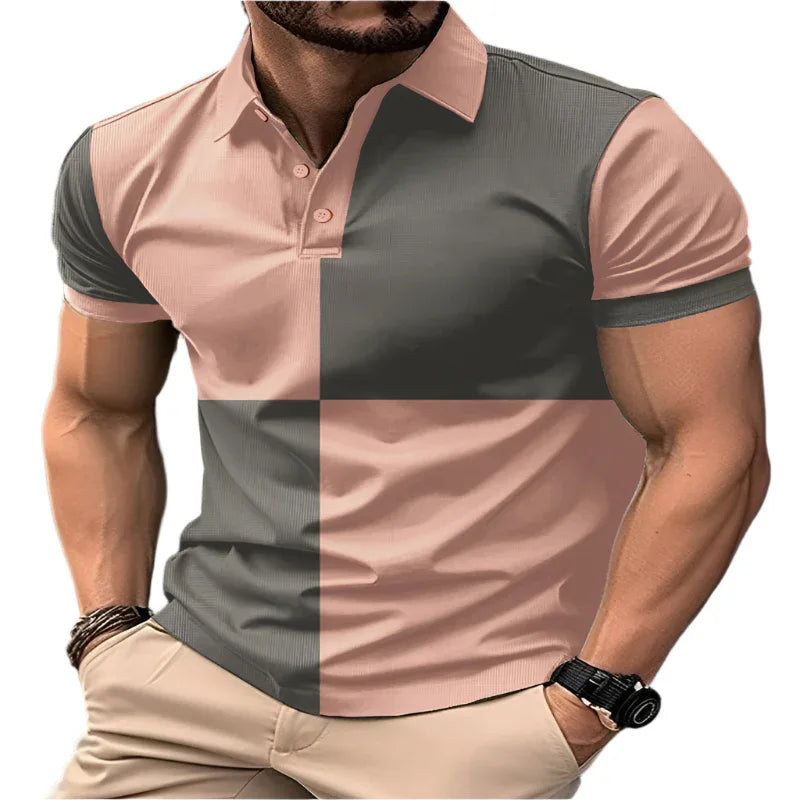 Casual Sports Short Sleeve Color Stitching Turnover Neck Polo Shirt Men Clothing