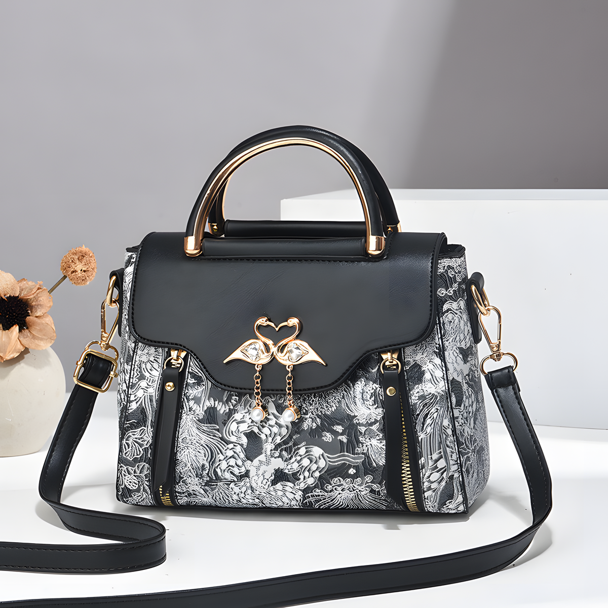 Bird-Charm Printed Shoulder Bag