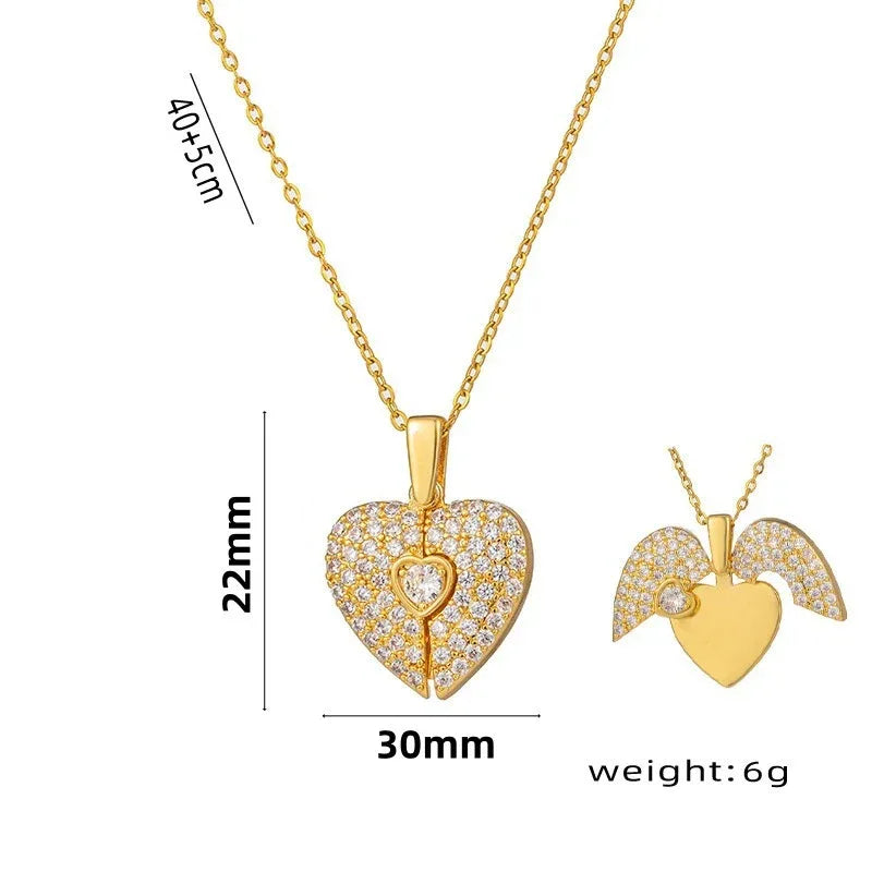 Women's Heart Opening And Closing Necklace Wings Pendant Clavicle Chain Jewelry