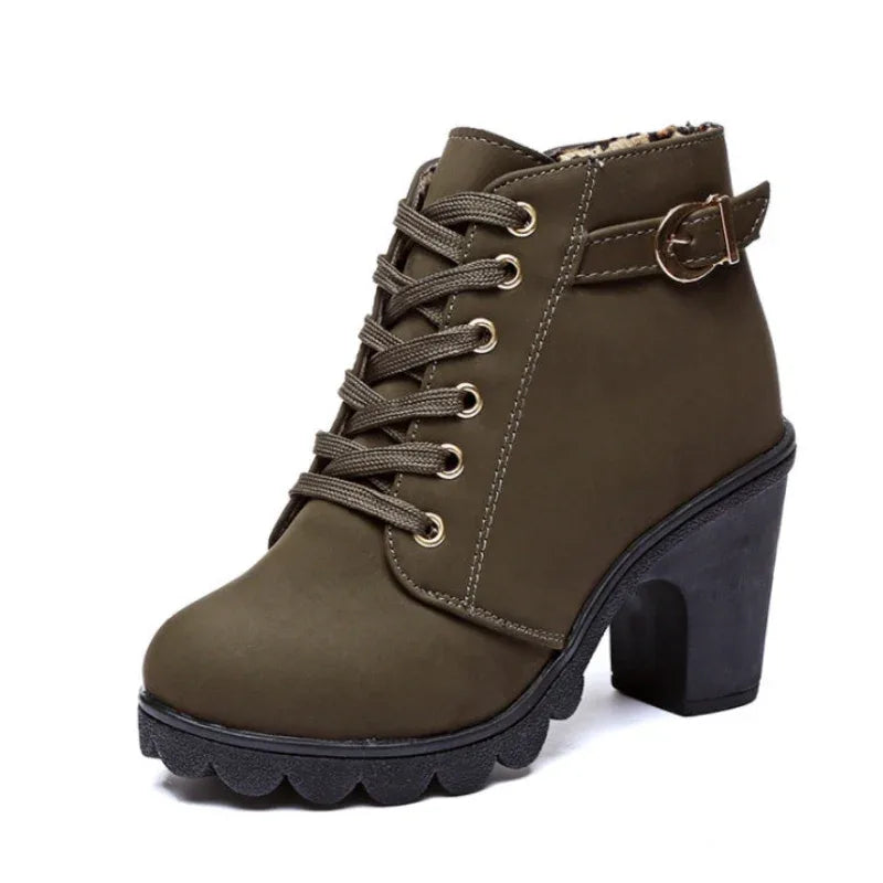Spring Women's Boots High Quality Solid Lace-Up European Ladies Shoes With High Heels