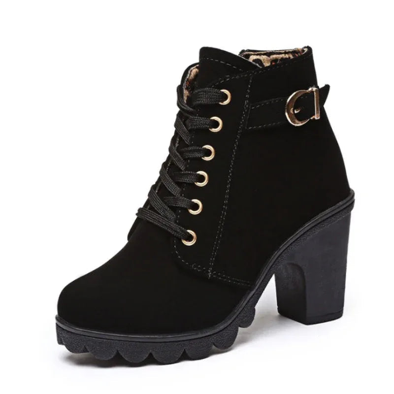 Spring Women's Boots High Quality Solid Lace-Up European Ladies Shoes With High Heels