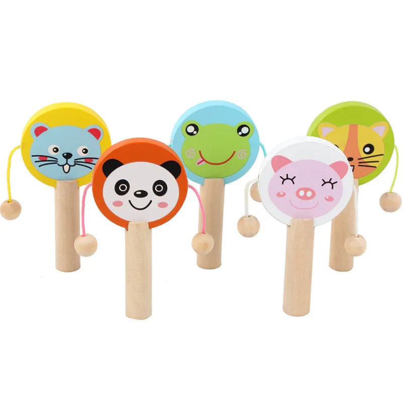Wooden Musical Drum Rattle Toys For Babies Toddlers 0-36 Months