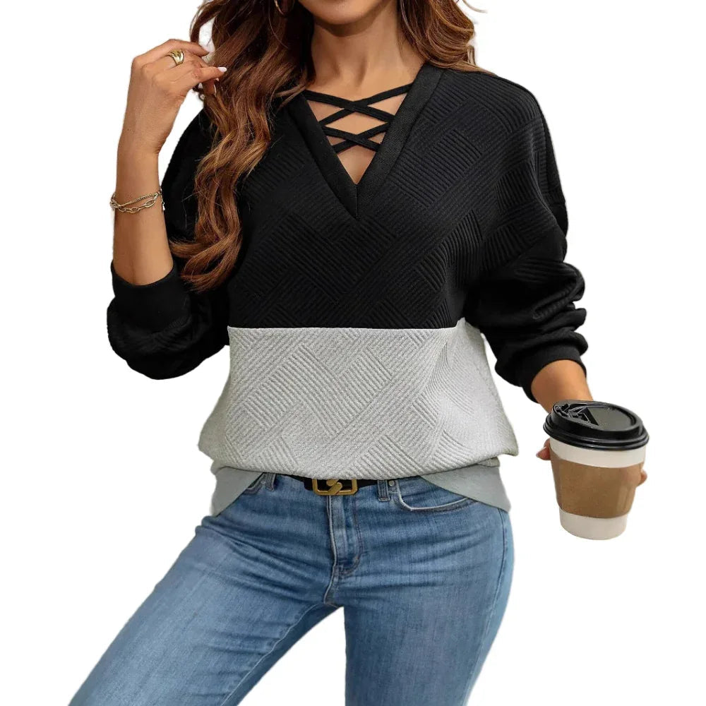 Women's Color Cross V-Neck Women's Loose Casual Pullover Shirt Top