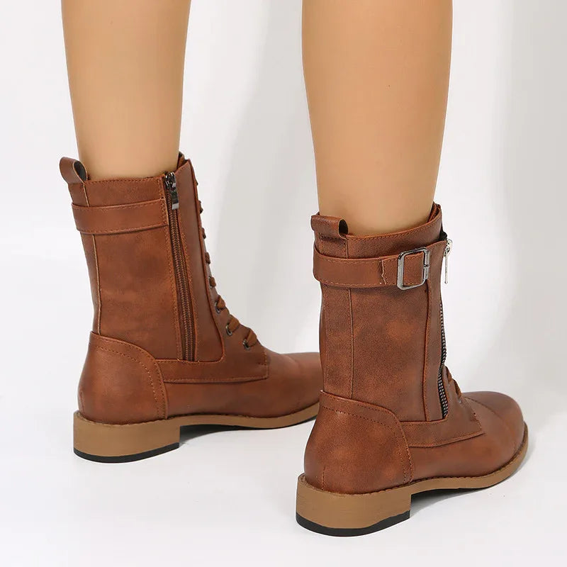 Lace-Up Western Cowboy Boots With Side Zipper Shoes For Women