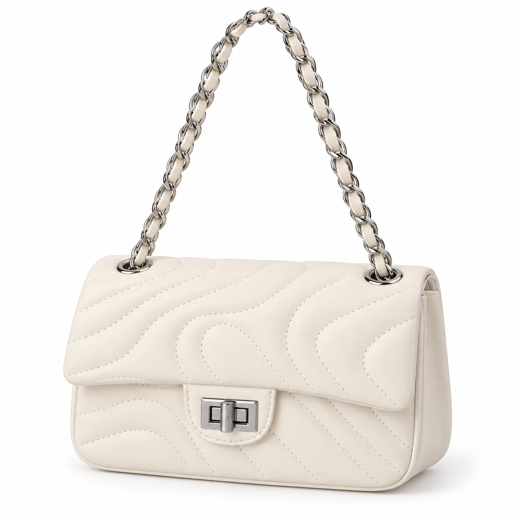 Wave-Quilted Chain Shoulder Bag