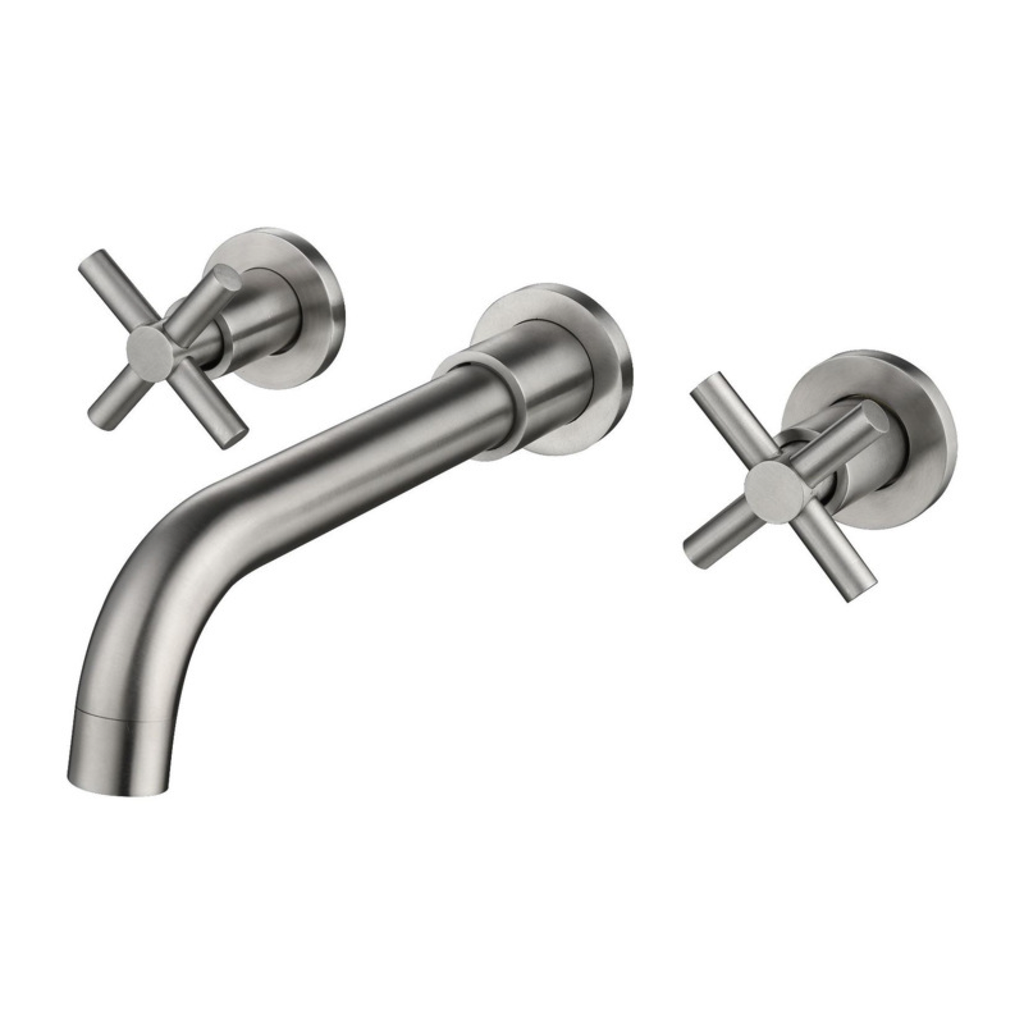 Brushed Silver Cross-Handle Wall Faucet