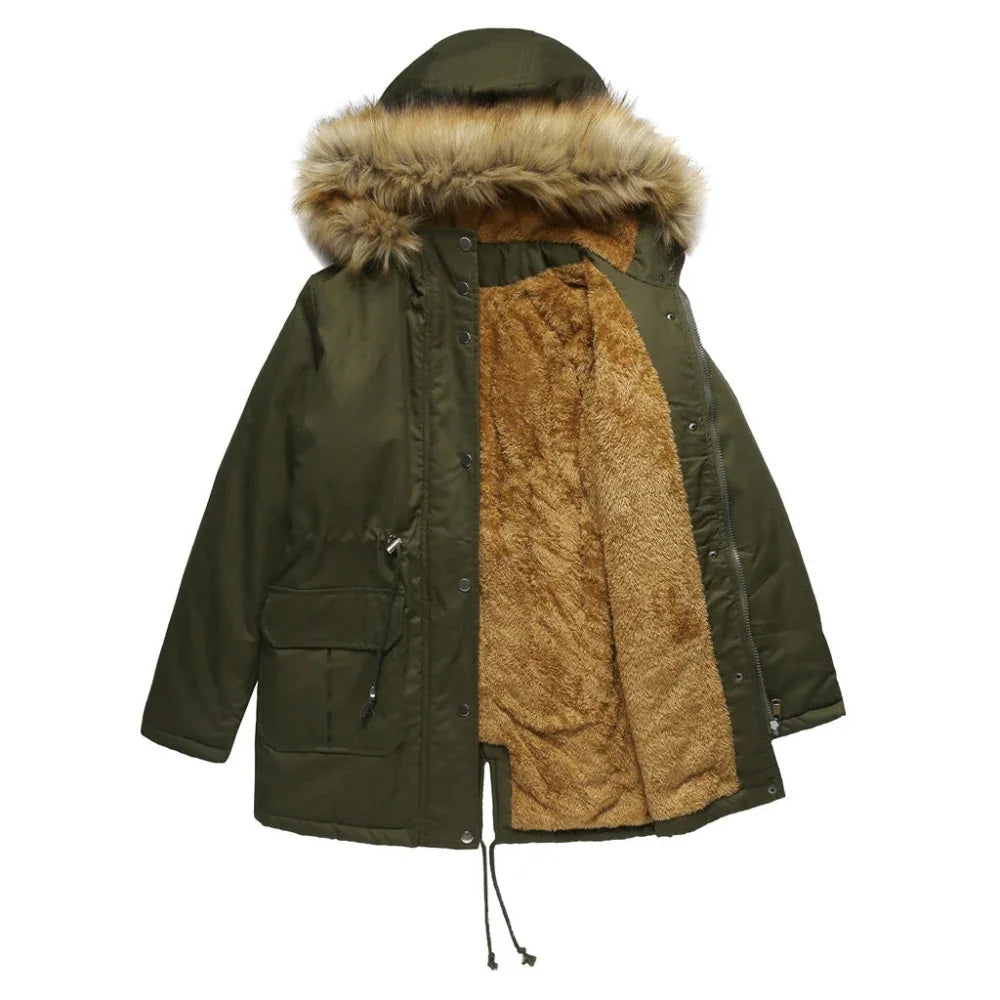 Women's Hooded Fur Collar Fleece-Lined Warm Winter Jacket
