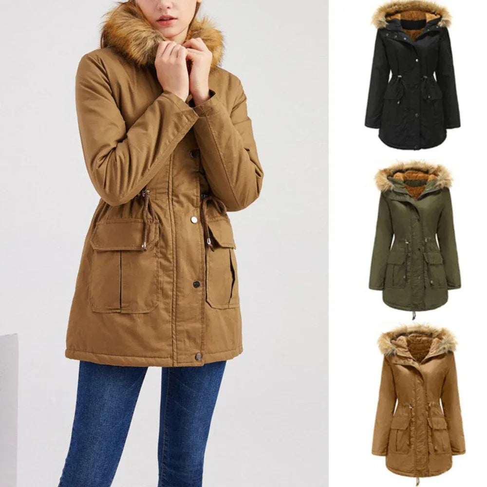 Women's Hooded Fur Collar Fleece-Lined Warm Winter Jacket