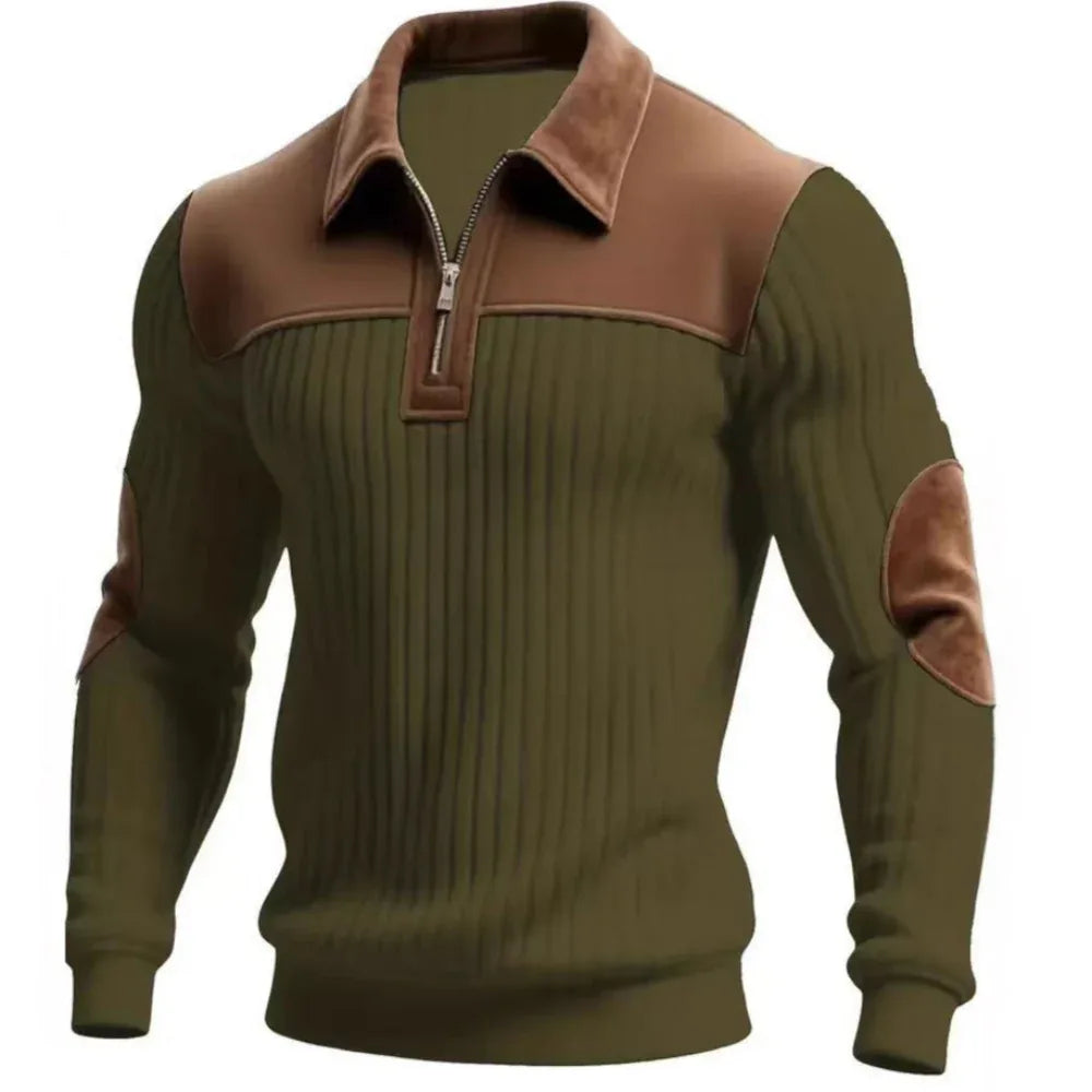 Notched-Collar Patchwork Knit Top Sweater With Zipper For Men