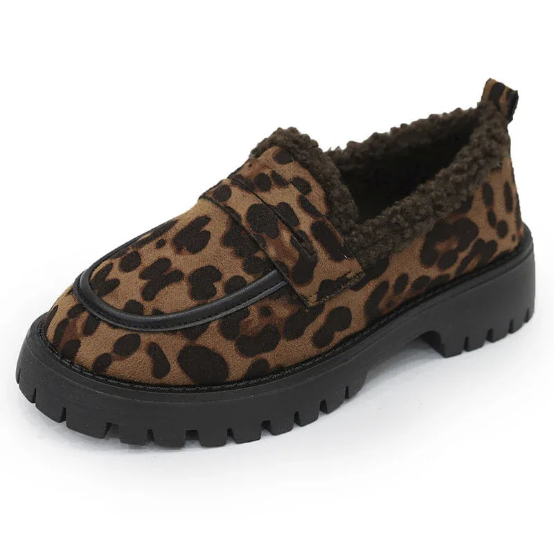 Fleece Lined Loafers Leopard Print British Style For Women