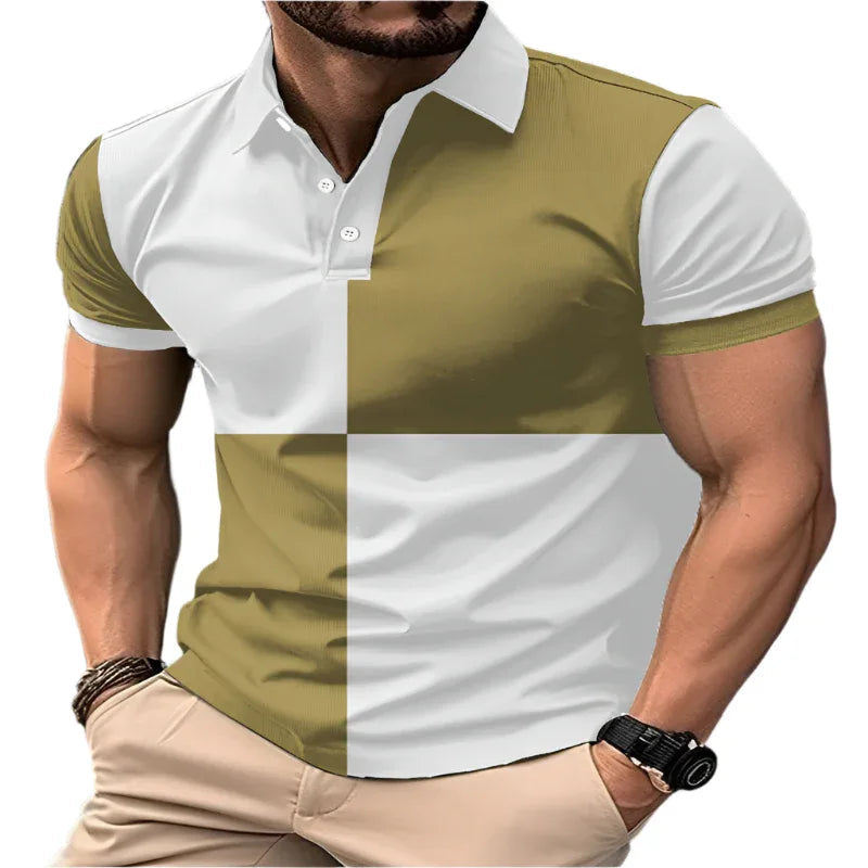 Casual Sports Short Sleeve Color Stitching Turnover Neck Polo Shirt Men Clothing