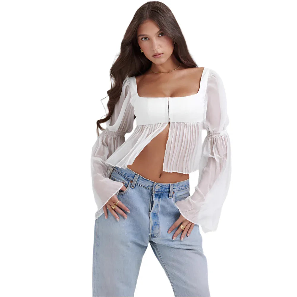 Sweet Elegant Long Sleeve Square Collar Top