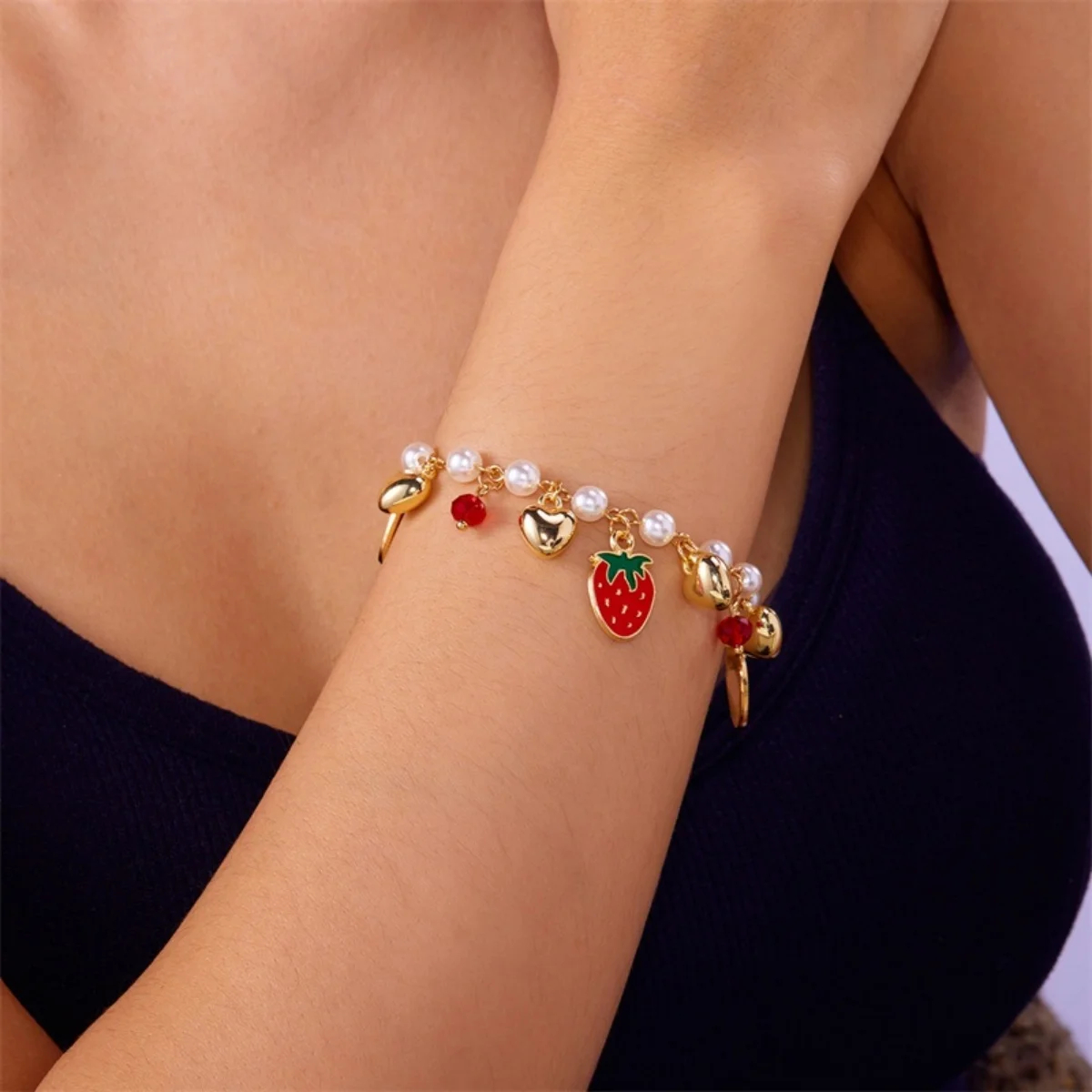 Pearl-Look Fruit and Heart Charm Bracelet