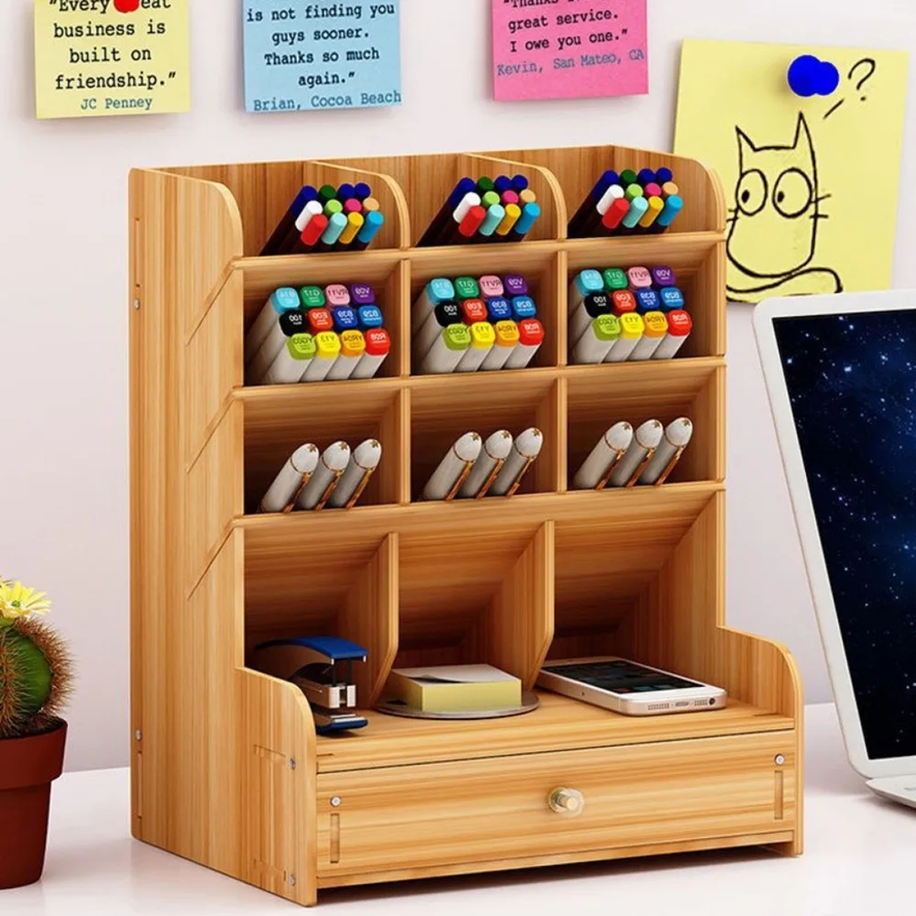 Wooden Multi-Compartment Desk Organizer