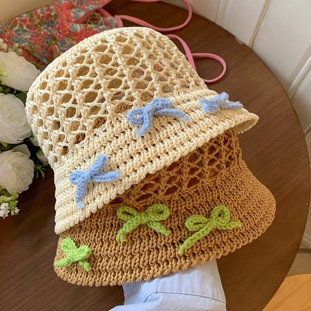 Open-Weave Bow Crochet Bucket Hat