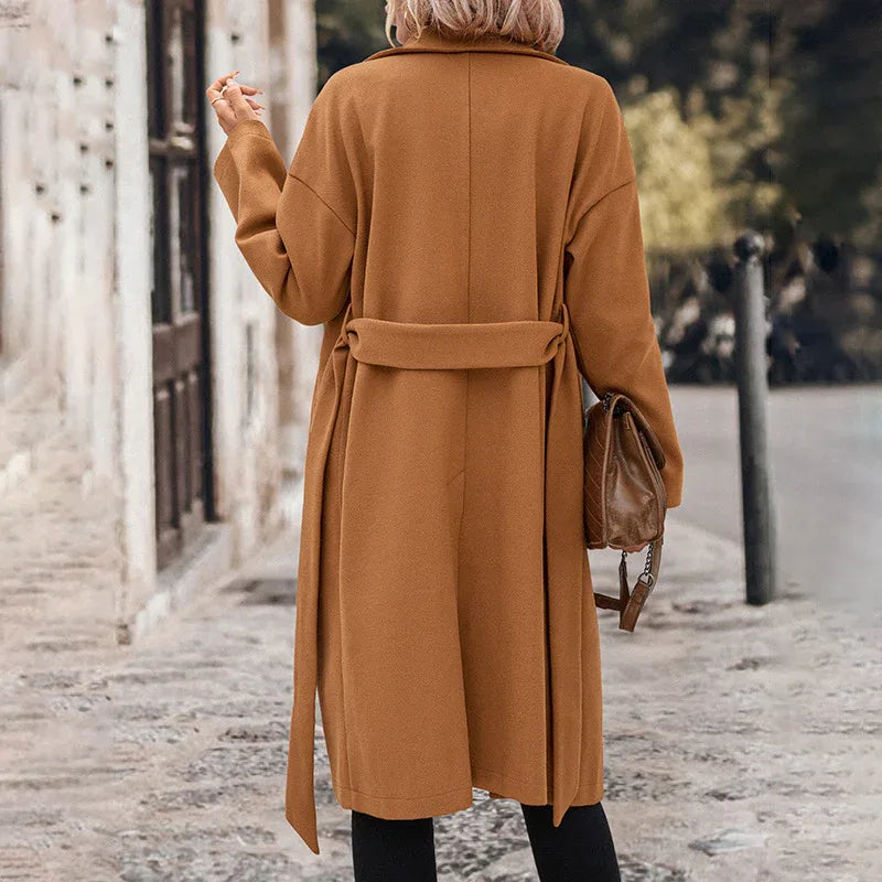 Women's Lace-Up Extended Solid Color Woolen Coat