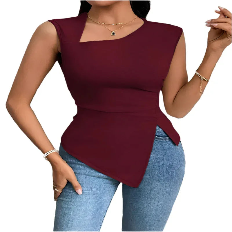Irregular Women's T-Shirt Diagonal Collar Sleeveless Top