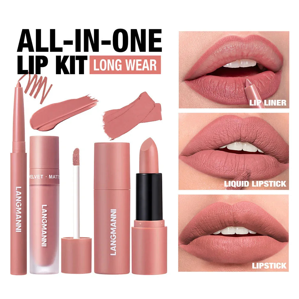 Six-Color Lipliner Liquid Lipstick & Lipstick 3pcs Set