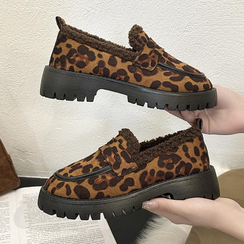Fleece Lined Loafers Leopard Print British Style For Women