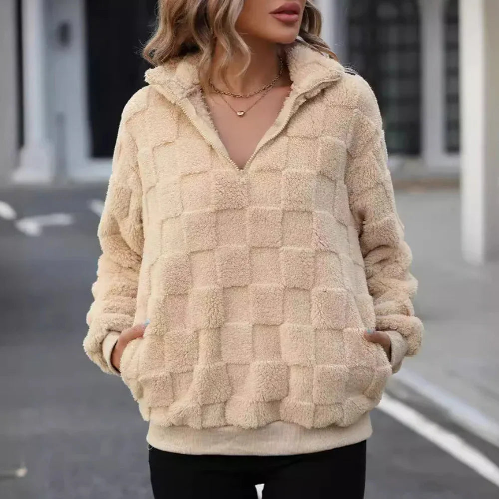 Women's Half Zipped Stand Collar Loose Plaid Plush Pullover Sweater