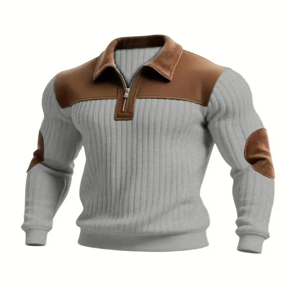 Notched-Collar Patchwork Knit Top Sweater With Zipper For Men