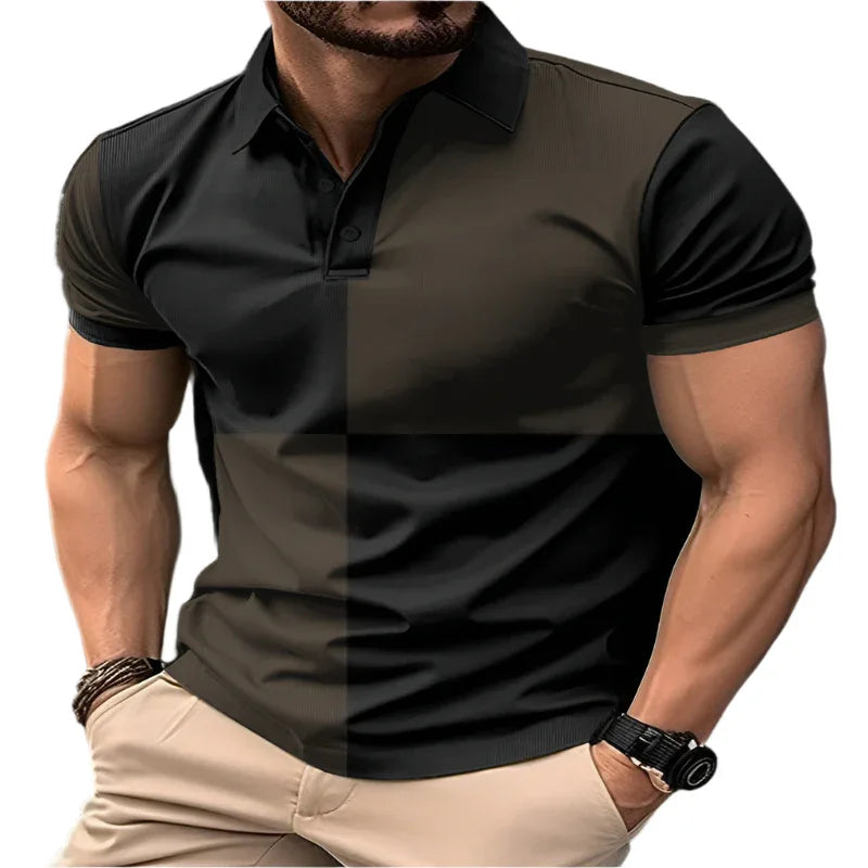 Casual Sports Short Sleeve Color Stitching Turnover Neck Polo Shirt Men Clothing