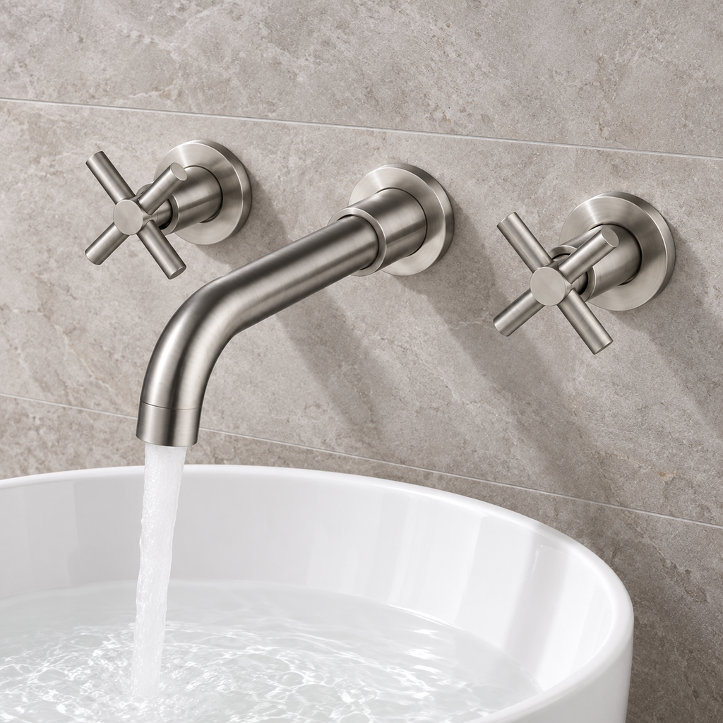 Brushed Silver Cross-Handle Wall Faucet