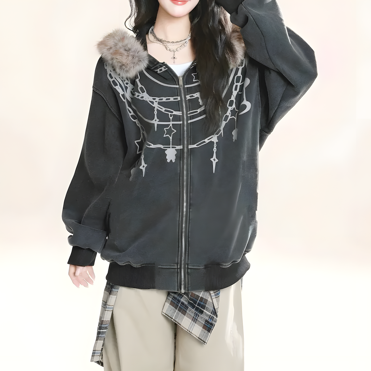 Plush-Collar Hooded Jacket