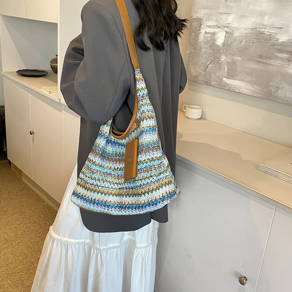 Striped Crochet Hobo Shoulder Bag