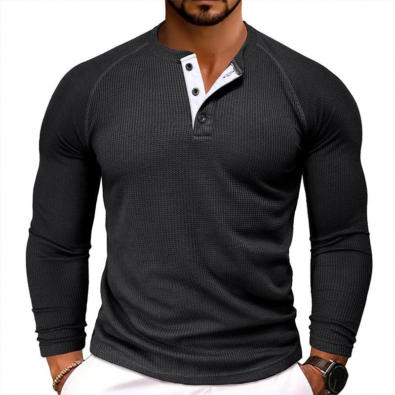 Men's Round Neck Waffle Casual Buttoned Long Sleeve T-Shirt