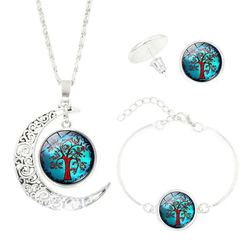 Tree of Life Time Gemstone Earrings Bracelet Jewelry Necklace Set
