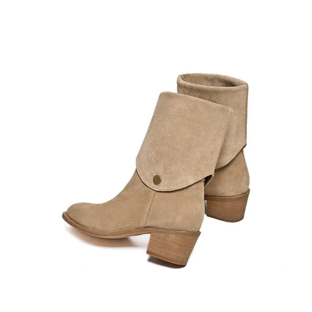 Matte Cowhide Leather Western Denim Pointed-Toe Short Tube Boots For Women