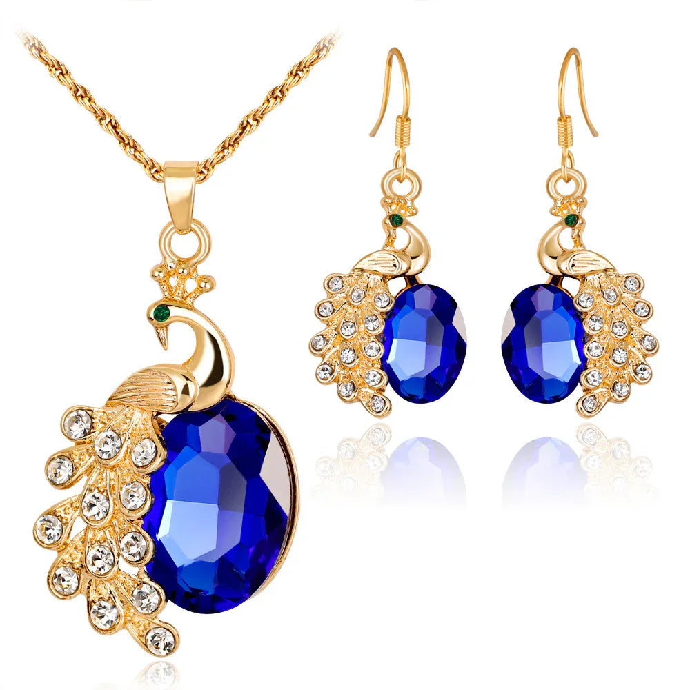 Peacock Rhinestone Earrings & Necklace Jewelry Set