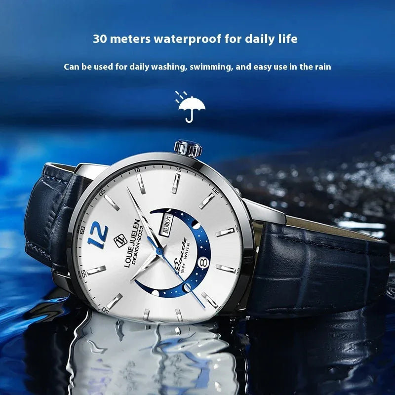 Luminous Waterproof Wrist Watch Men's Fashion Genuine Leather Strap Quartz Watch