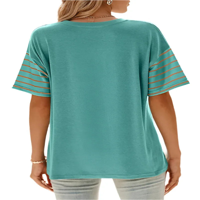 Women's Pullover Crew Neck Casual Striped Contrast Color Short Sleeve T-Shirt
