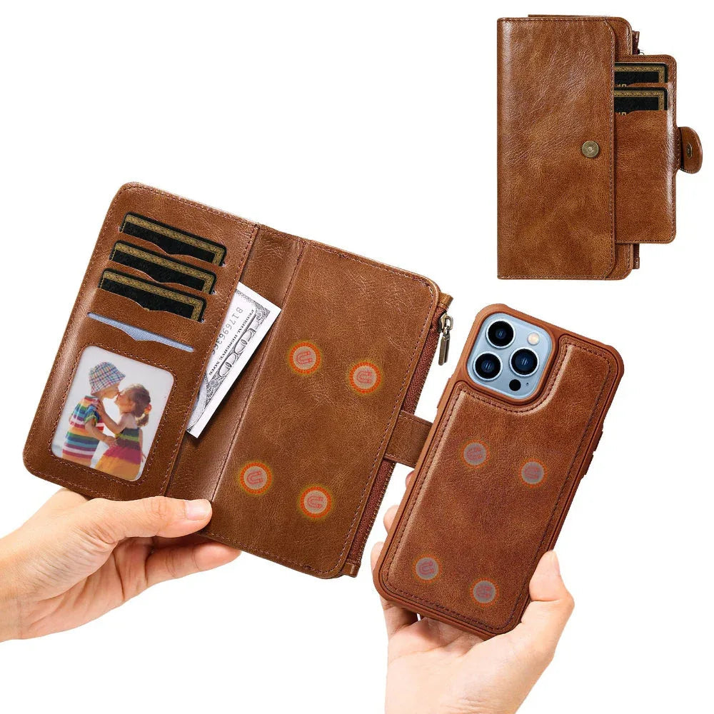 Leather Retro Phone Case Multi-Function Wallet With Magnetic Buckle Closing Method