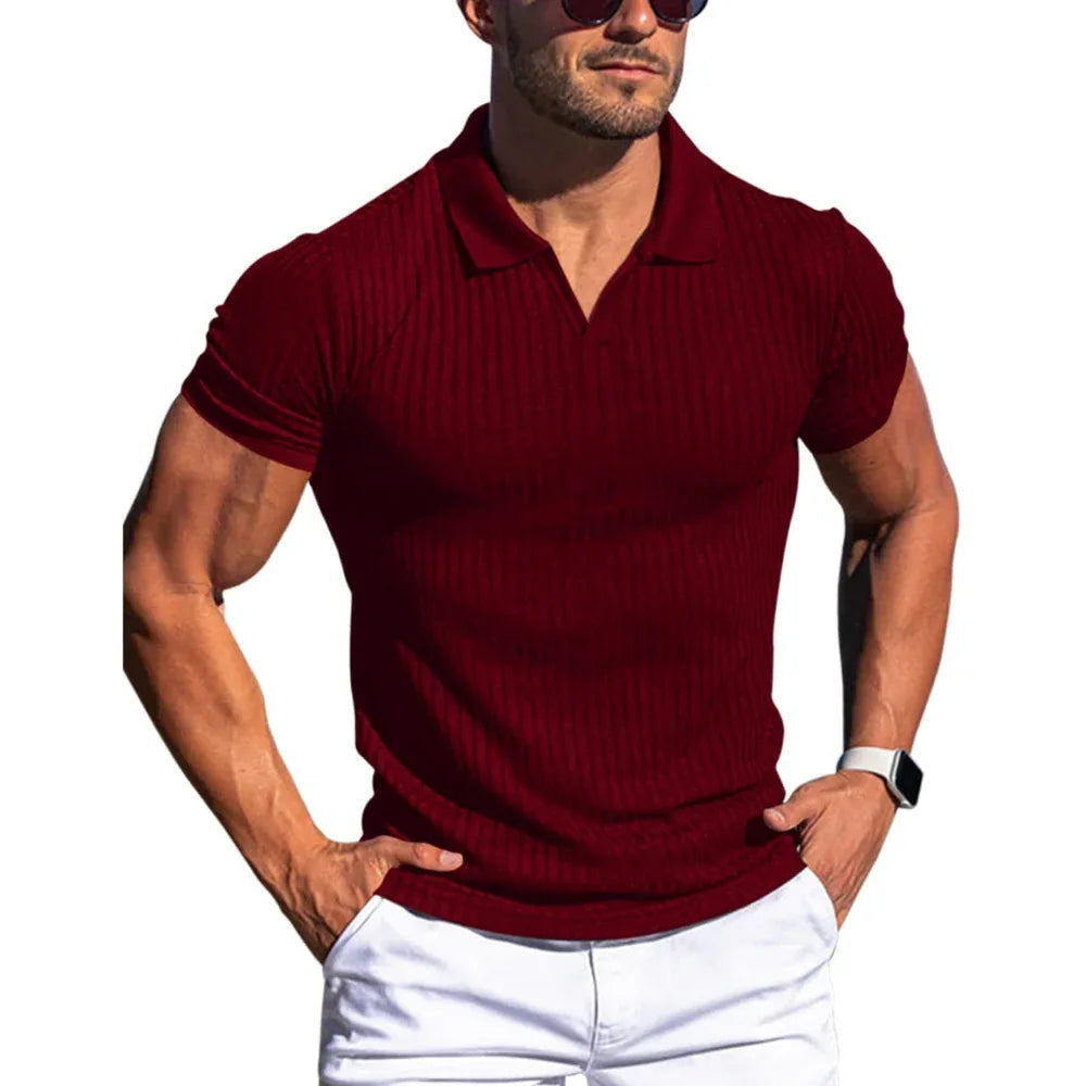 Men's Polo Shirt Lapel V-Neck Vertical Striped Short Sleeve