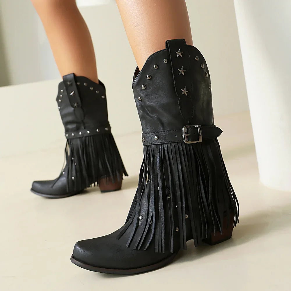 Autumn And Winter Tassel Women's Western Rivet Belt Buckle Tassel Middle Boots