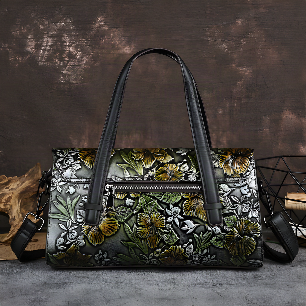 Embossed Floral Leather Shoulder Bag