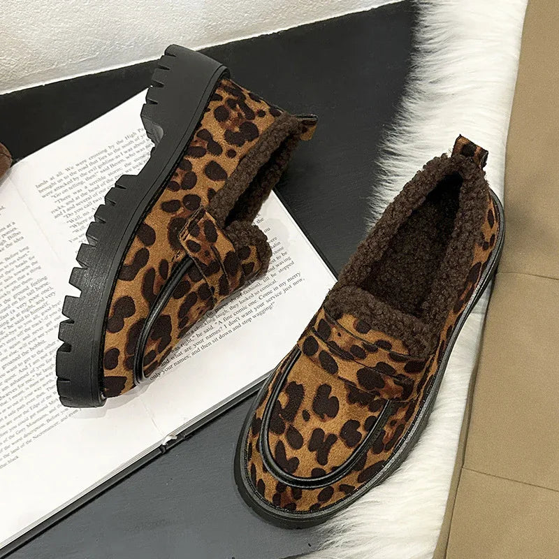 Fleece Lined Loafers Leopard Print British Style For Women