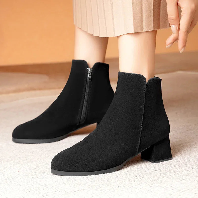 Pointed-Toe Suede Side Zipper Women's Boots