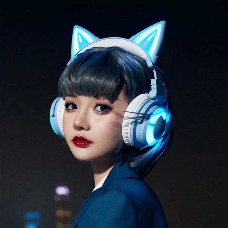 Cute Girl Game Gaming Wireless Headset With Cat Ears & Glowing LED Lights