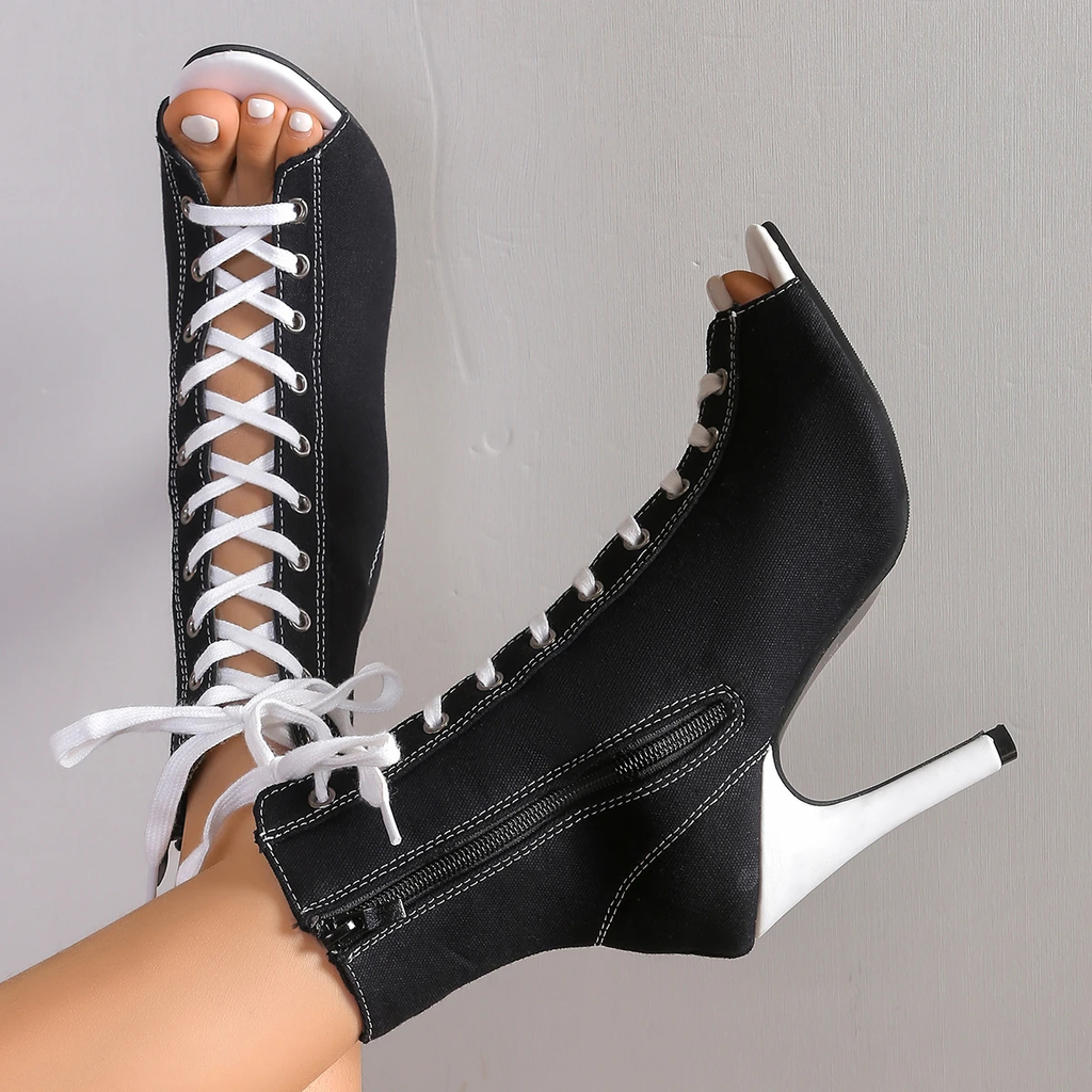 Peep Toe Lace-Up Heeled Boots
