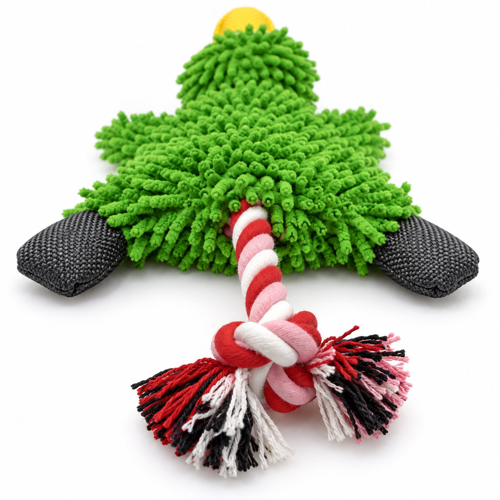 Green Chenille Duck Dog Toy with Rope Tail