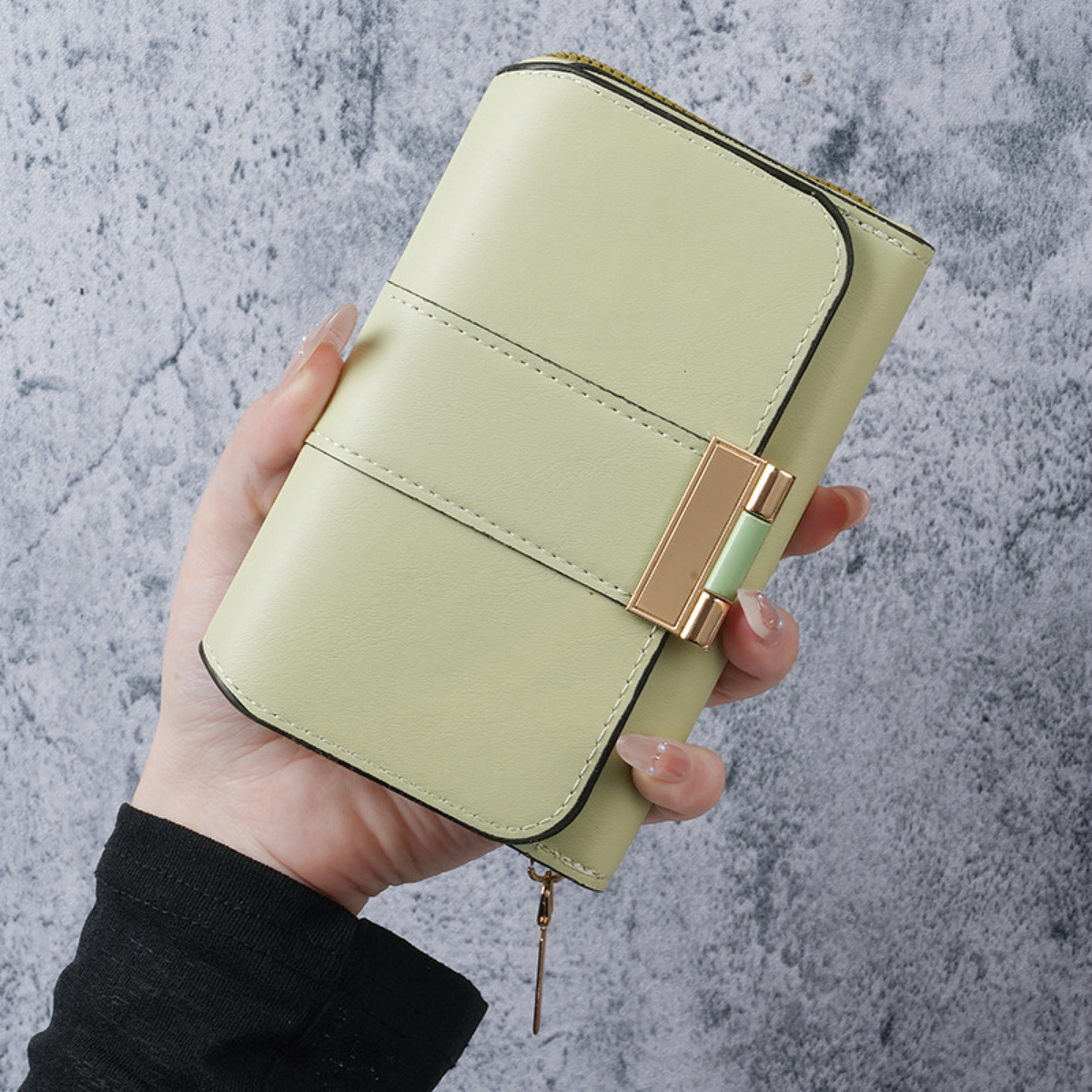 Gold-Clasp Foldover Zip Wallet