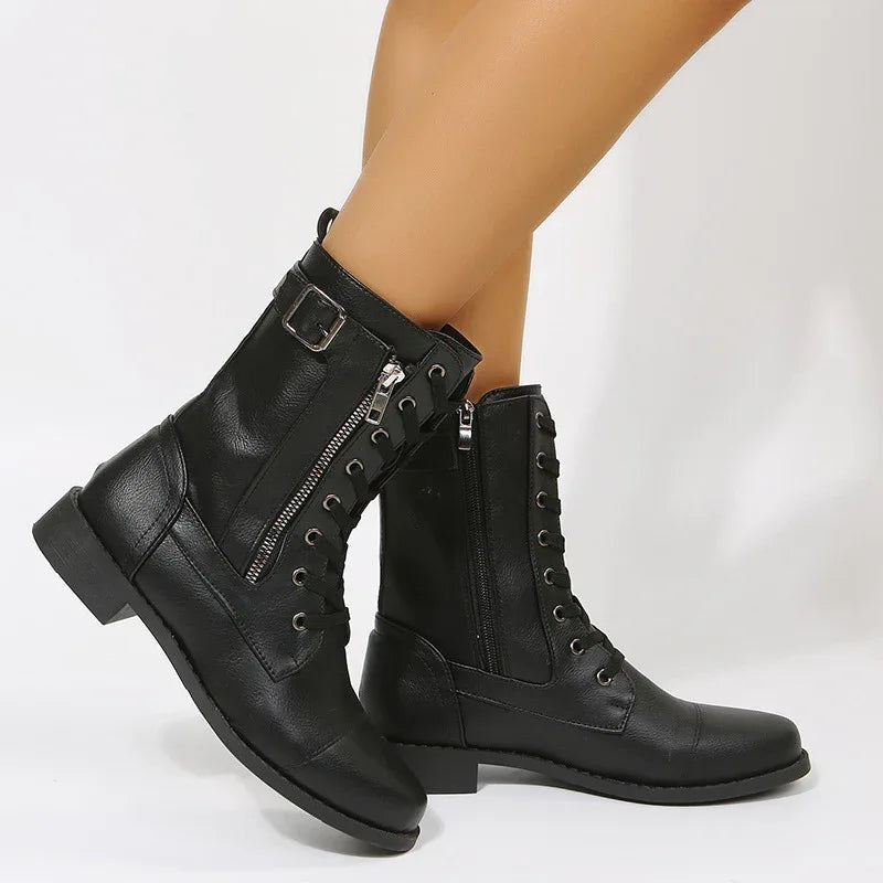 Lace-Up Western Cowboy Boots With Side Zipper Shoes For Women