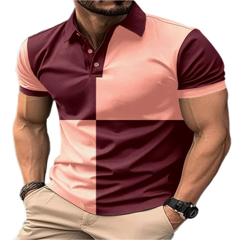 Casual Sports Short Sleeve Color Stitching Turnover Neck Polo Shirt Men Clothing